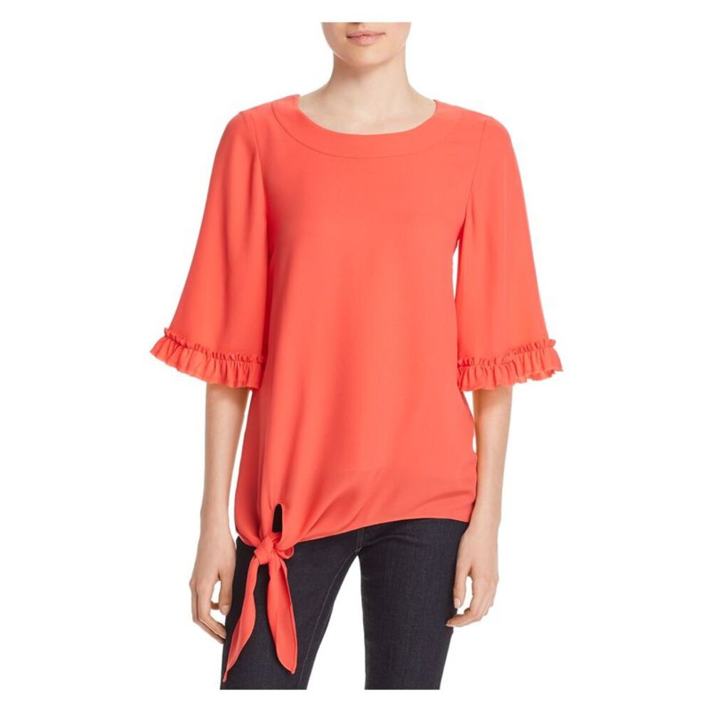 LE GALI Womens Red Ruffled Tie Front Kimono Sleeve Jewel Neck Top Size: M
